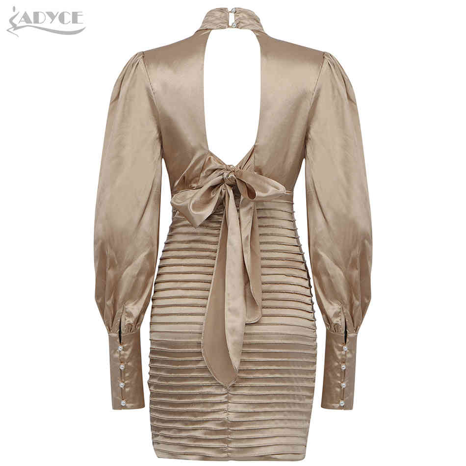 Winter Women Apricot Backless Bodycon Club Dress Sexy Hollow Out Lantern Long Sleeve Celebrity Runway Party 210423