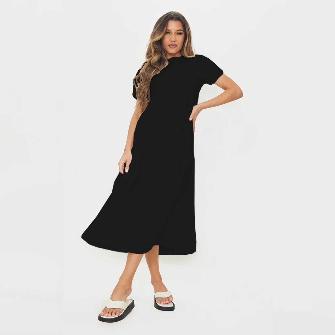 Women O-neck Short Sleeve Loose Style Solid Color Midi Dress 210702