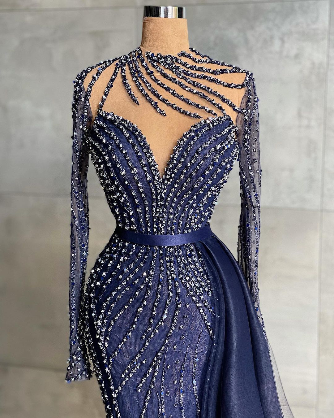 Plus Size Arabic Aso Ebi Navy Blue Luxurious Prom Dresses Beaded Mermaid Lace Evening Formal Party Second Reception Gowns Dress ZJ464