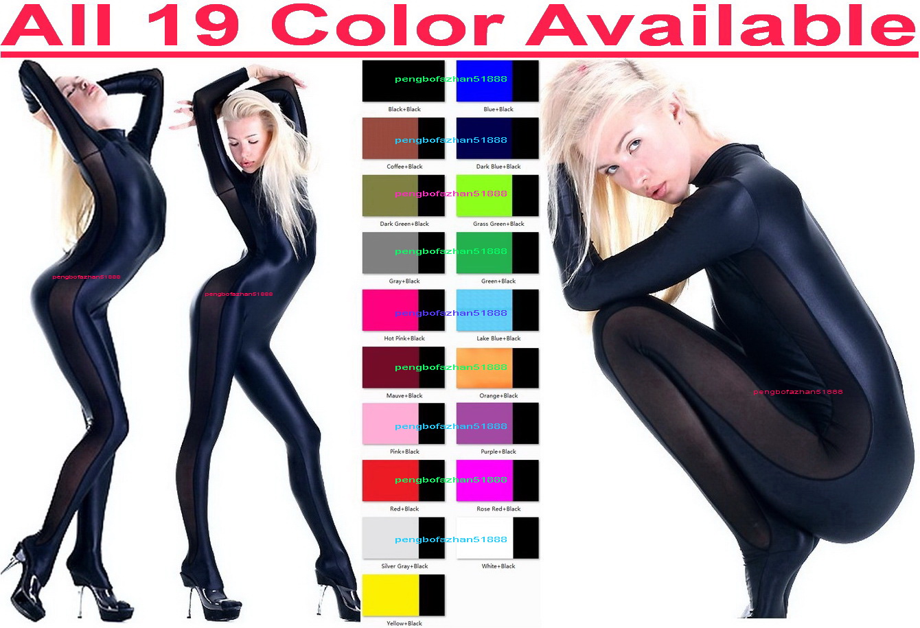 

19 Color Lycra and Black Spandex Silk Tights Catsuit Costume Sexy Women Body Suit Yoga Costumes Halloween Party Fancy Dress Cosplay Bodysuit P037, Grass green+black