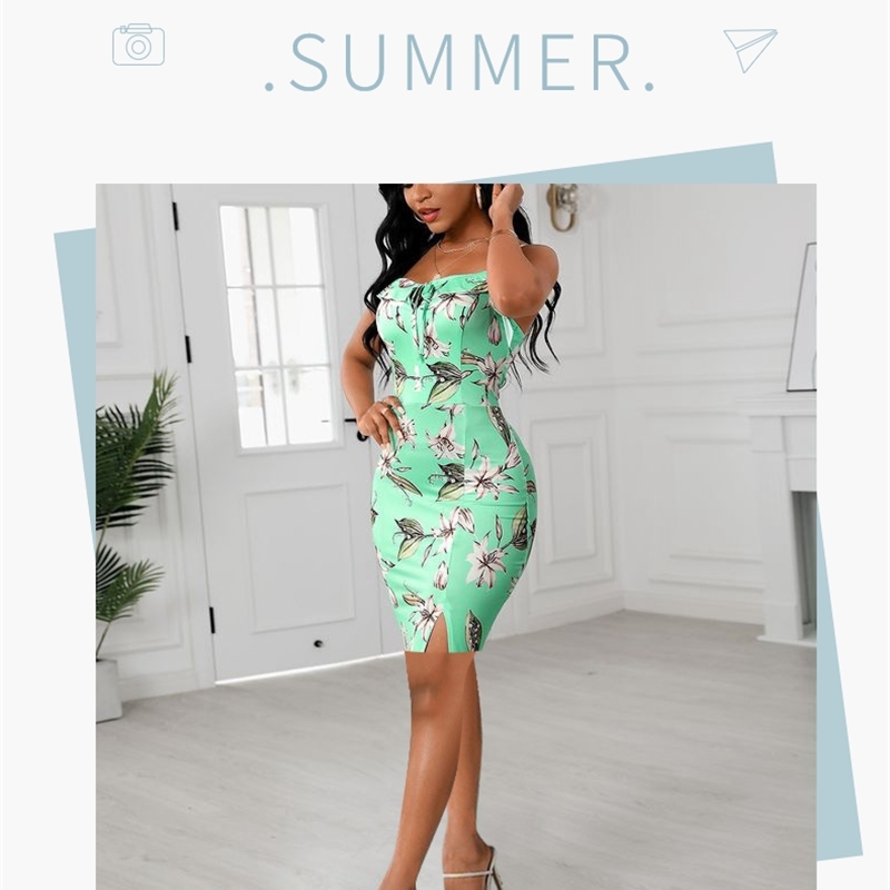 Women Spaghetti Strap Floral Printed Sleeveless Bodycon Mini Dress 210702
