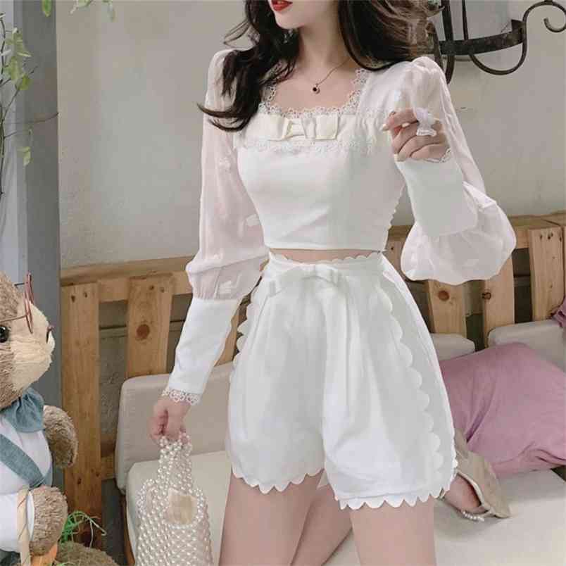 2 Piece Set Women Square Collar With Lace Puff Sleeve Short Tops + High Waist Bow Shorts Sweet Fashion Suits 210519
