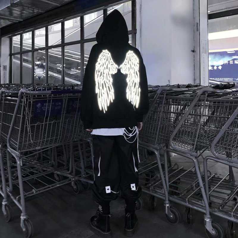 long sleeve reflective shirt Harajuku japan oversize black angel wing shiny cloth with a hood hoodies 210813