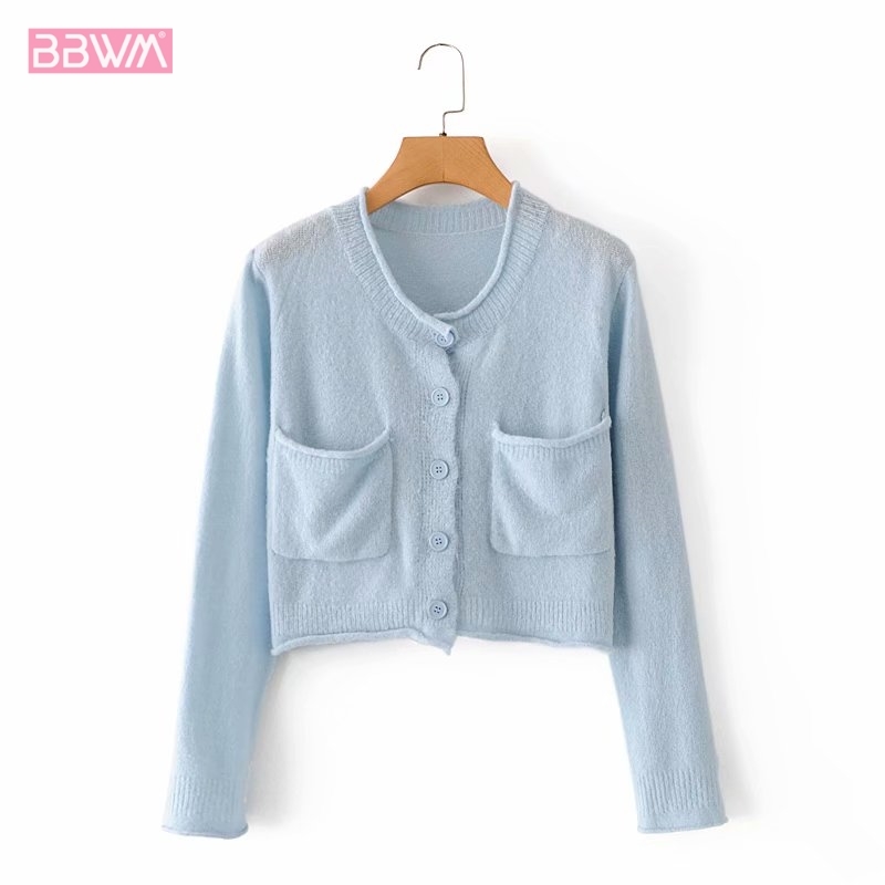 Round Neck Single-breasted Thin Simple Female Cardigan Korean Fashion Outer Wear Pocket Chic Women's Sweater Tops 210507