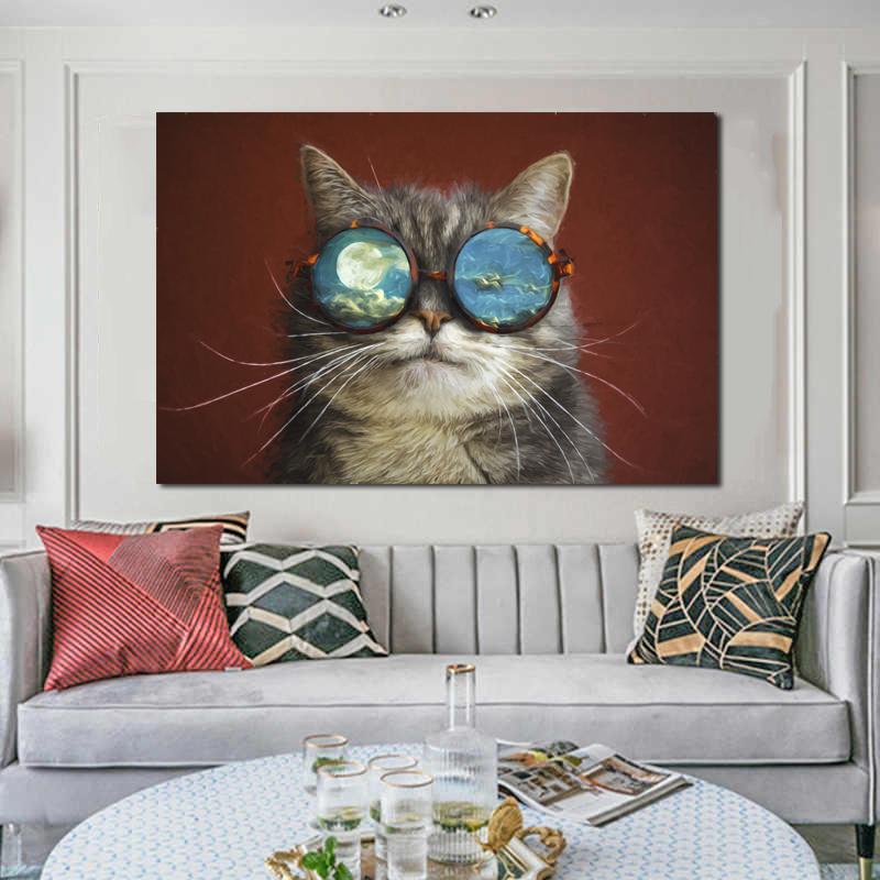 Cat With Glasses Poster Canvas Painting Wall Art Pictures For Living Room Animal Posters And Prints Modern Home Decor Cuadros