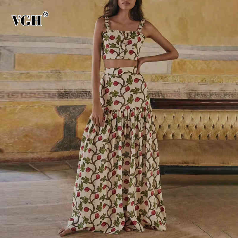 VGH Floral Print Vintage Dress For Women Square Collar Sleeveless Short Tops High Waist Midi Skirts Casual Sets Female Tide 210421