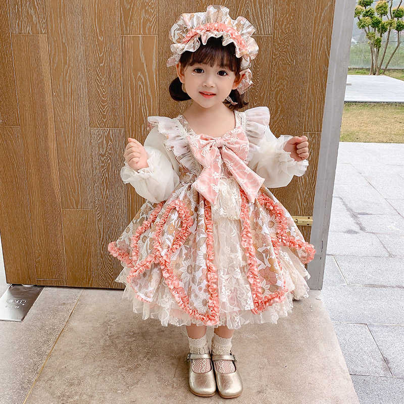 Vinage Kids Girls Spanish Lotia Dresses with Headwear Children Long Sleeve Spain Tulle Ball Gowns Cotton Liner Clothes 210615