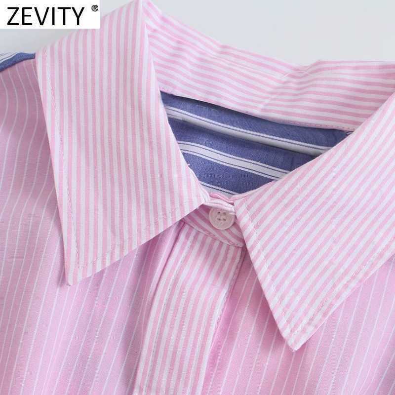 Zevity Women Sweet Patchwork Striped Print Pink Short Smock Blouse Female Hem Bowknot Breasted Shirt Chic Crop Tops LS9210 210603