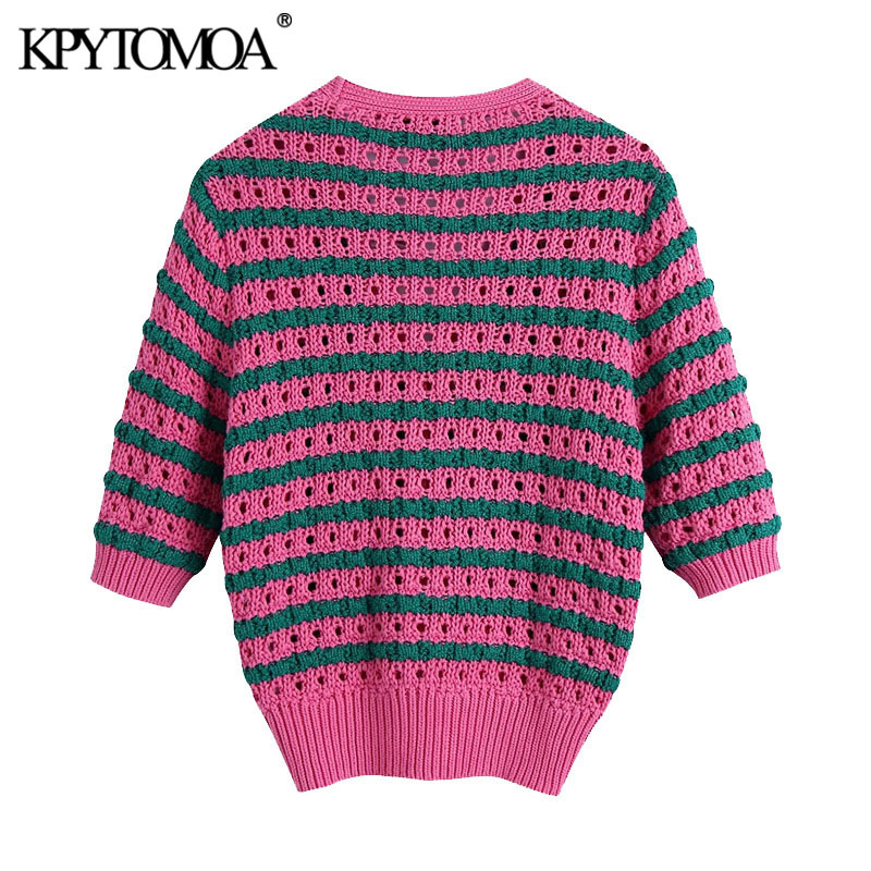 Women Fashion Striped Cropped Knitted Cardigan Sweater V Neck Short Sleeve Female Outerwear Chic Tops 210420