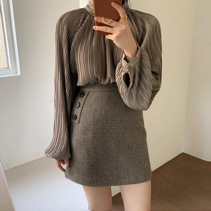 Ropa De Mujer Women Tops and Bloues Stand Collar Elegant Formal Pleated Blusa OL Spring Korean Chic Casual Shirts 210519