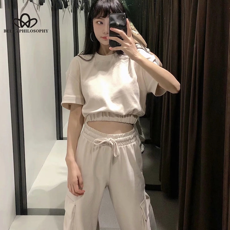 Fashion Tracksuits Cropped Sweatshirt High Elastic Waist Drawstring Cargo Pants Side Pockets Chic Sets 210510