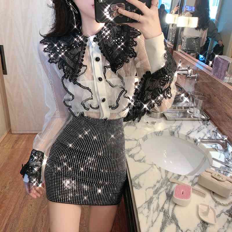 arrival Spring Two-Piece Set Women Sweet Sexy Perspective Long Sleeve Ruffles Shirt And Bodycon Mini Skirt Outfit 210519