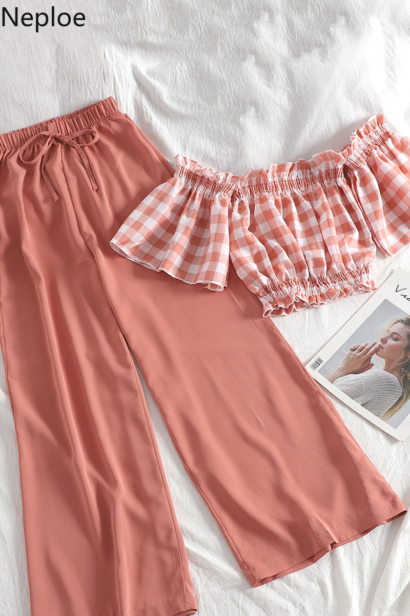 Neploe Fashion Korean Suit Two [iece Set Women Plaid Off Shoulder Crop Tops High Waist Wide Leg Pants Ropa Mujer 2 Piece Set 210422