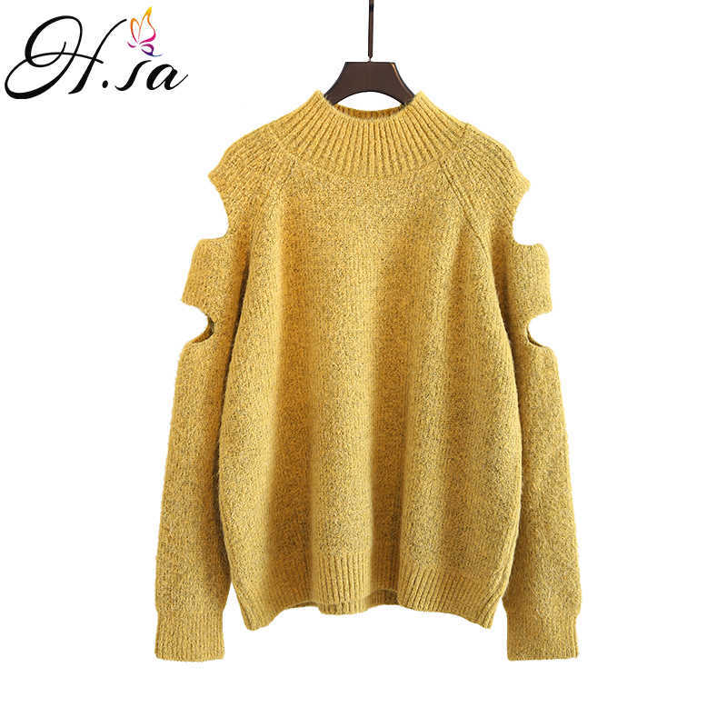 H.SA Winter Sweaters Fashion Korean Jumpers Off the shoulder Hollow Out Long Yellow Sweaters Warm Soft Casual Knit Tops 210716