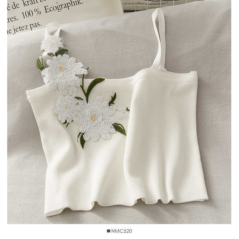 Cute Women Crop Top Strappy Sleeveless Flower Appliques Fitness Streetwear Female Camis W105 210526