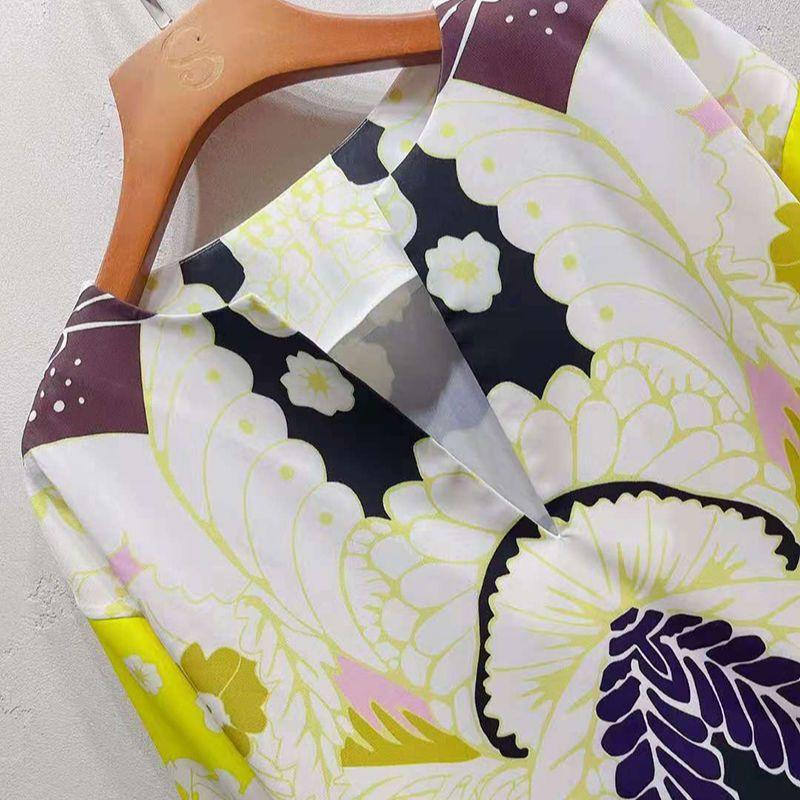 Women's Two Piece Pants AELESEEN Runway Fashion 2 Pieces Sets V-Neck Flare Sleeve With Feather Blouse+ Full-Lenght Waist Elastic Flower Prin