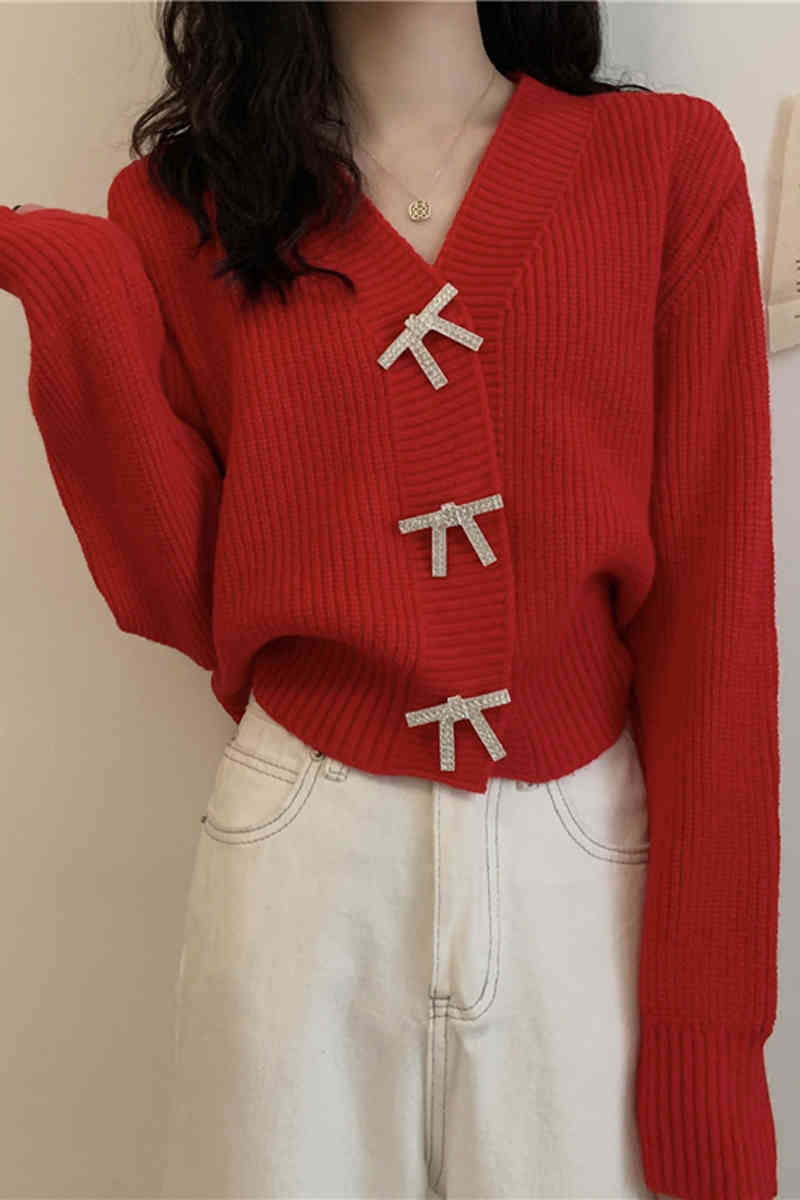 Sweater Autumn V Neck Full Red Knitted Cardigan Short Slim Outfits Bow Diamond Single Breasted Knitwear Top Jumpers Retro Korean 210429