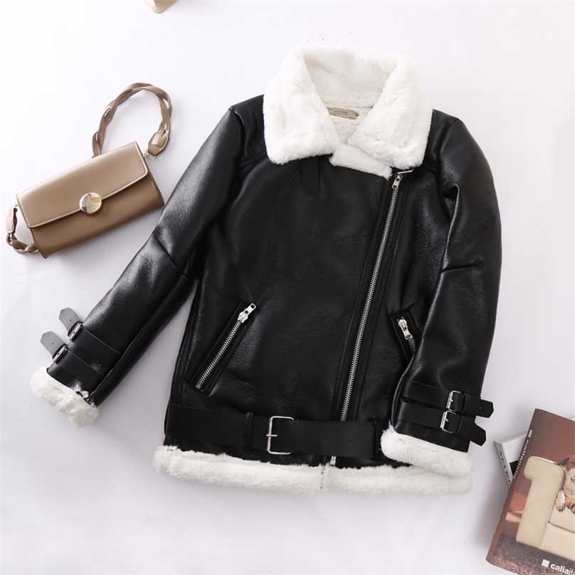 Aibeauty Lamb Fur Belt Women's Coat Female Tops Thicken Warm Motorcycle Lapel Long Sleeve Women Jacket 211130