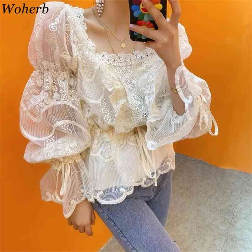 Korean Lace Patch Blouse Slim Waist Bandage Flare Long Sleeve Shirt Autumn Chic Elegant Square Collar Blusas Mujer 210519