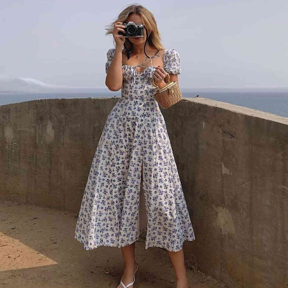 Summer Fashion Blue Print Midi Dress Sexy Women Short Lantern Sleeve Club Evening Party Celebrity Runway Dresses 210423