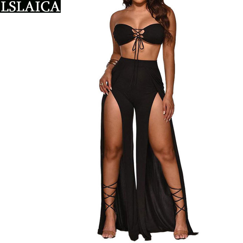 Two-piece Women's Casual Set Split Wide Leg Trousers Off Shoulder Sleeveless Sexy & Club Fashion Personalized Clothes Women 210520