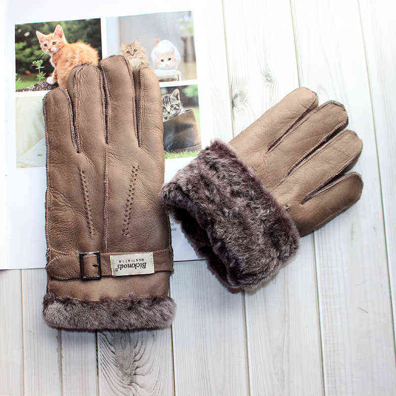 Sheepskin Fur Gloves Men's Thick Winter Warm Large Size Outdoor Windproof Cold Hand Stitching Sewn Leather Finger Gloves 211224