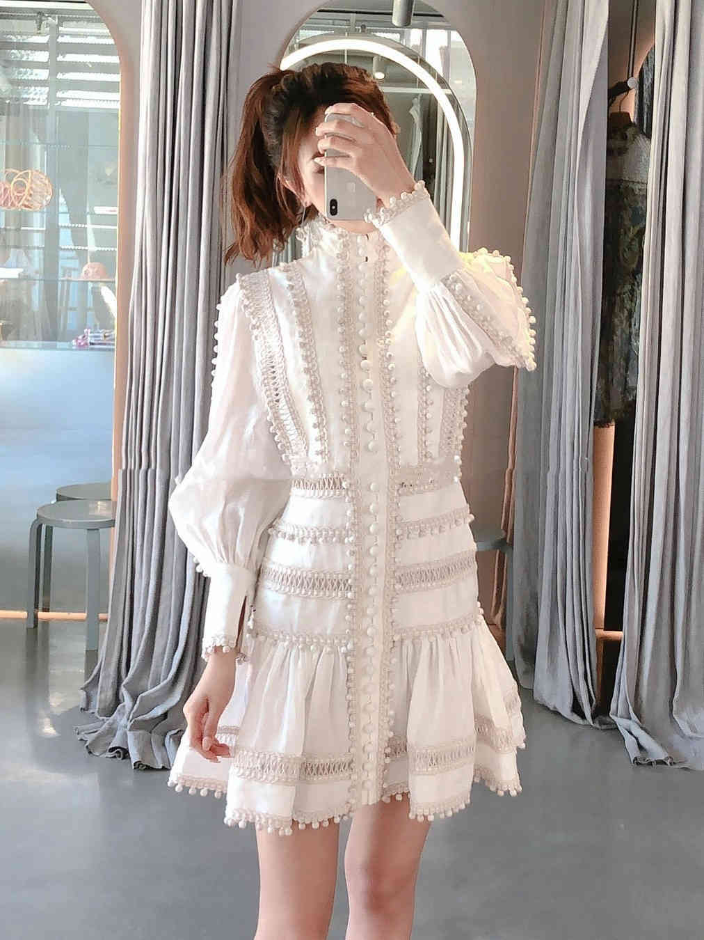 DEAT New Spring And Summer Lantern Sleeves Single Breasted Lace Hollow Out Ruffles Sexy Dress Female Vestido WL28000M 210428