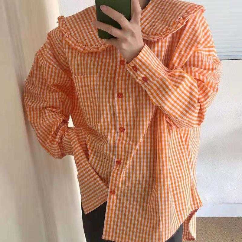Lace Peter Pan Collar Full Single Breasted Plaid Medium Length Loose Shirt Fashion Blouse Women 210615