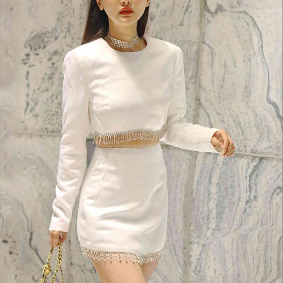 Free Fashion Women Set Sexy Diamond Tassel Long Sleeve Short Top & Mini Skirt Two-piece Party 210524