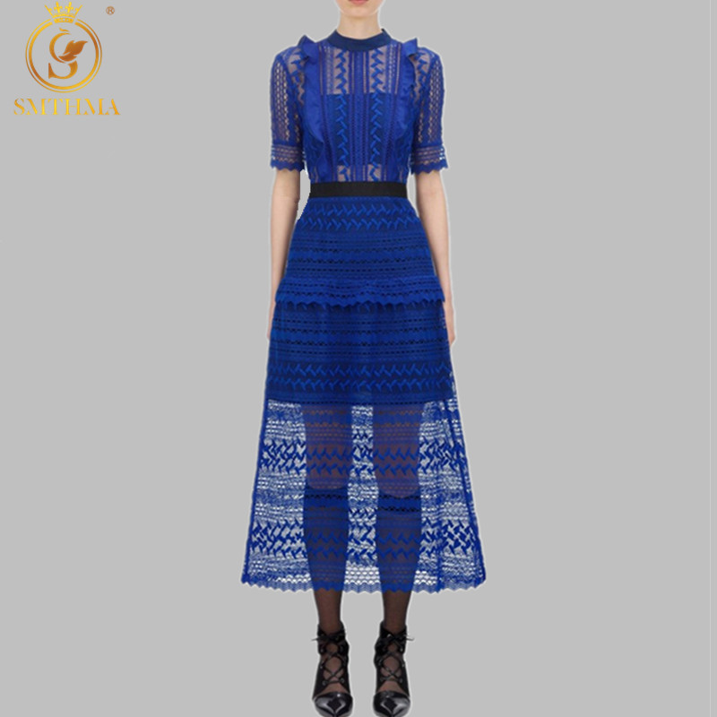 High Quality Self Portrait Blue Lace Dress women Round Neck Ruffled Patchwork Pleated Short sleeve Summer Long 210520