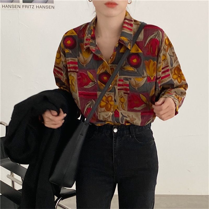 Oversize Female Elegant Office Lady Blouses Retro Print Loose Women Casual Fashion Vintage Chic All Match Shirts 210421