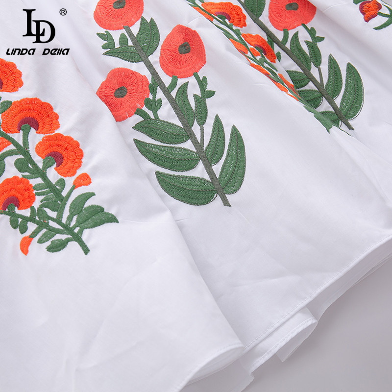 Summer Fashion Designer Mini Cotton Dress Women Long sleeve Beautiful Flower Embroidery Elegant White 210522