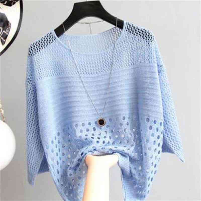 Hollow Out Shirt Summer Thin Mid-sleeve Knitted Women Blouse Bottom Loose Air-conditioning Sunprotection 13895 210427