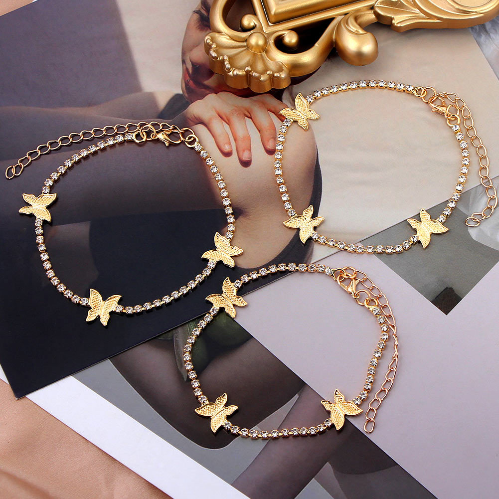 Trendy Shining Cute Butterfly Crystal Tennis Anklet For Women Gold Silver Color Boho Sandals Rhinestone Foot Ankle Chain Jew