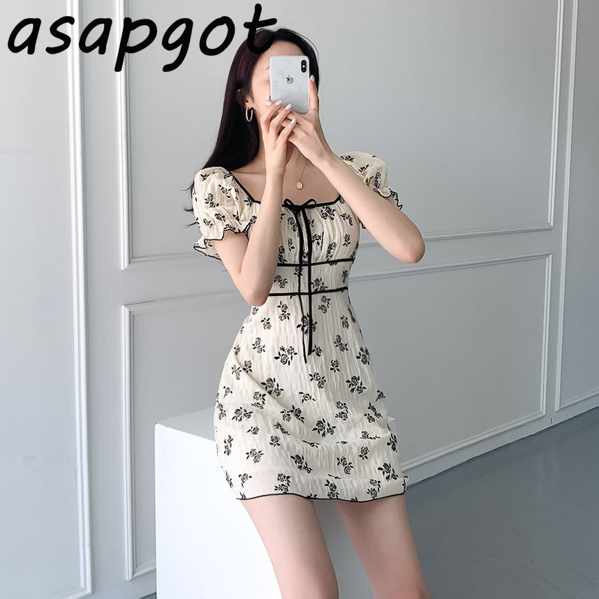 Korea Chic Elegant Retro Slim Square Neck Lace Up Flare Sleeve Floral Dress Women Mini Short Fairy Summer Fashion Vestido 210429