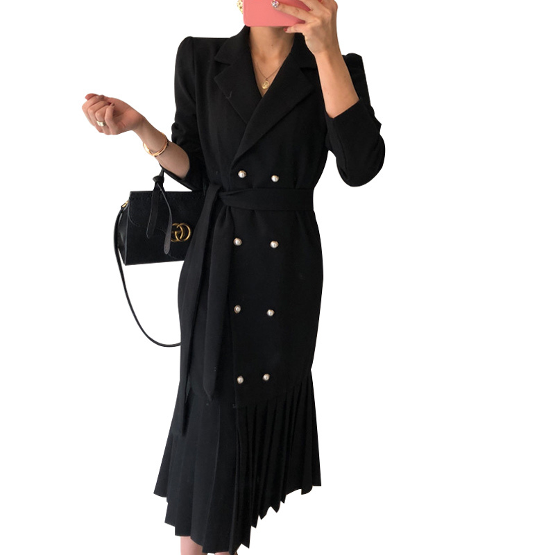 Spring Autumn Fashion Chic Korean Office Lady Brief Bandage Long Dress Women Elegant sheath trumpet Vintage Blazer Dresses Robe 210506