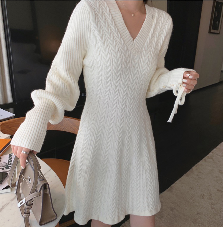 Autumn Winter Women Elegant Lace-up Lantern Sleeve Temperament V Neck Twist Knitted Sweater A-line Dress Vestidos 210518, Picture color
Autumn Winter Women Elegant Lace-up Lantern Sleeve Temperament V Neck Twist Knitted Sweater A-line Dress Vestidos 210518, Picture color
