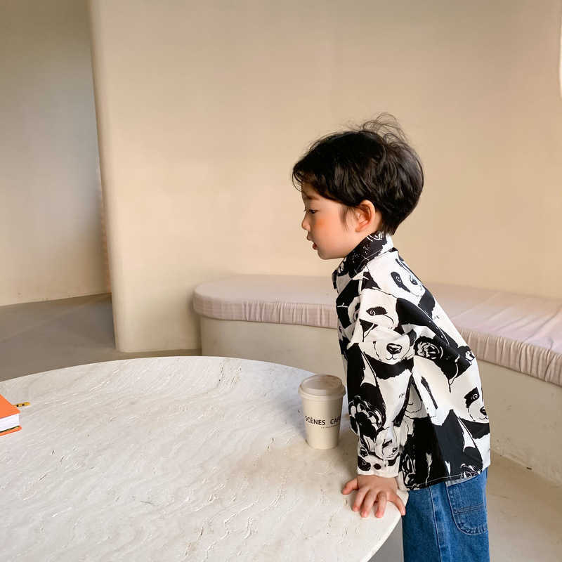 Spring fashion panda printing long sleeve shirts for boys girls casual Brother sister clothes Tops 210713