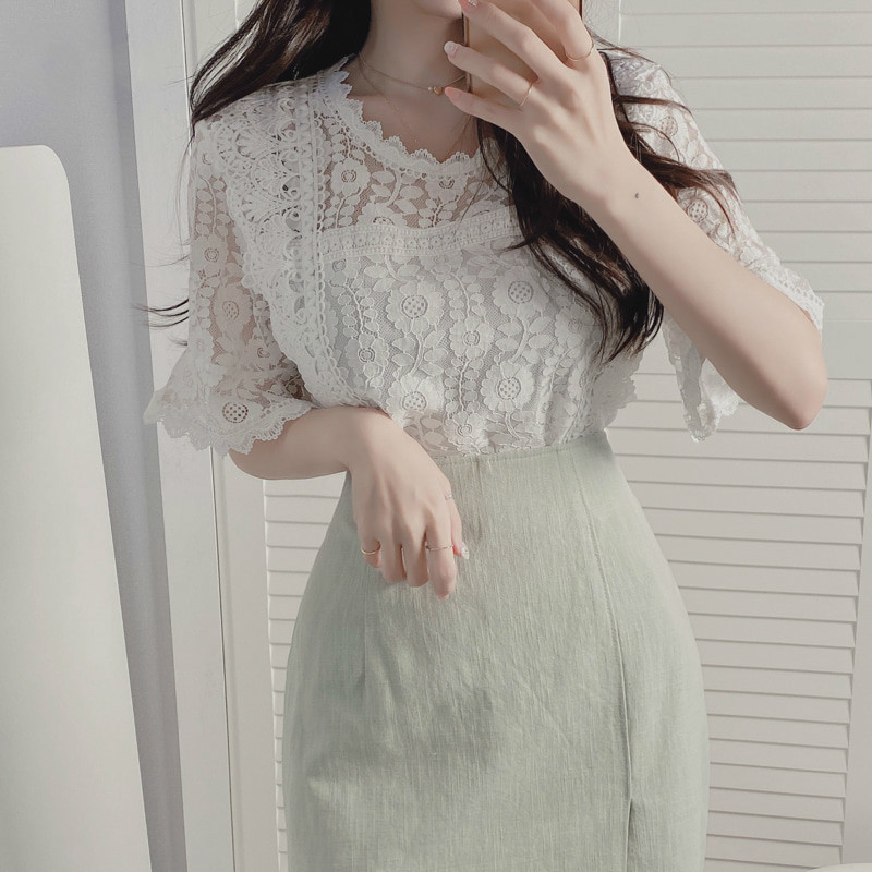 Summer Women Tops and Blouse Korean Fashion Clothing Lace Patchwork Blusas Mujer De Moda Elegant White Shirt 9594 210506