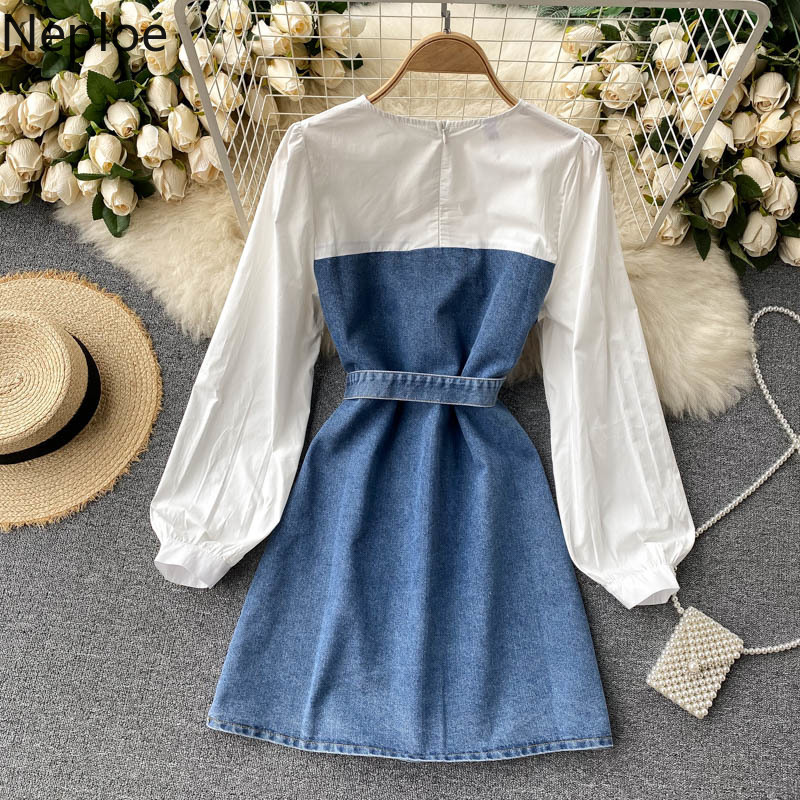 Neploe Korean Fashion Dresses for Women Puff Sleeve Sweet Ruffles Vestodps Patchwork Cowboy Contrast Color Lace Up Short Dress 210422