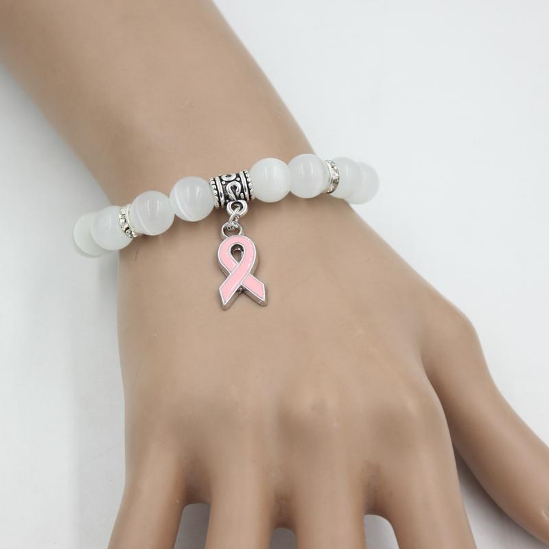 Pack Breast Cancer Awareness Jewelry White Pink Opal Beaded Bracelet Ribbon Charm BraceletsBangles Bracelets