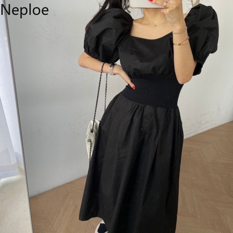 Neploe Maxi Dress Women Square Collar Puff Short Sleeve Dresses Korean Chic Summer Slim Waist Temperament Pink Vestidos Mujer 210422