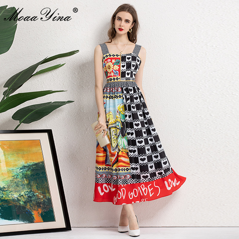 Summer Fashion Vintage Spaghetti Strap Dresses Women's High waist Bead Floral print Sleeveless Elegant Midi Dress 210524
