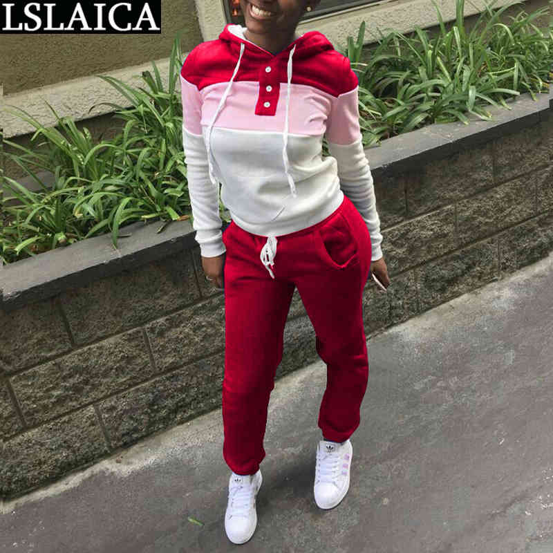 Two-piece Fashion Casual Sports Stitching Thickened Sweater Suit Elastic Waist Hooded Sweatshirt&woman Pants 210520