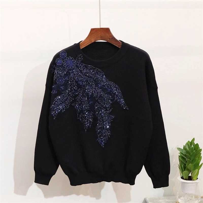 VGH Casual Embroidered Sequin Sets For Women O Neck Long Sleeve Tops High Waist Pants Print Two Piece Set Female Fashion 210930
