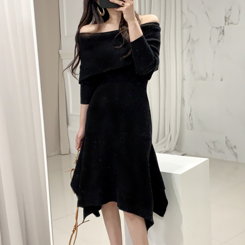 Women Autumn Sexy Slash Neck Long Sleeve Ruffle Hem Sweater Dress Slim Waist Irregular Elastic Knitted Dresses 210506