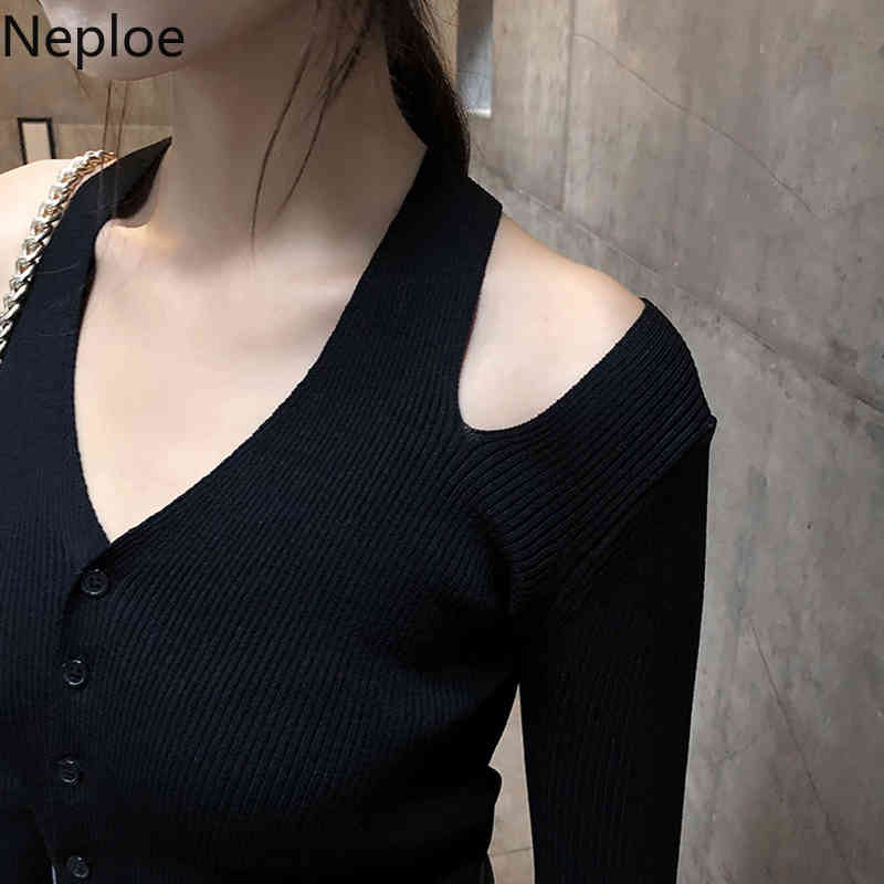 Neploe Off Shouder Halter Sweater Women Sexy V-neck Knitted Black Cardigan Korean Chic Sueter Slim Long Sleeve Sueter Tops 4G381 210422