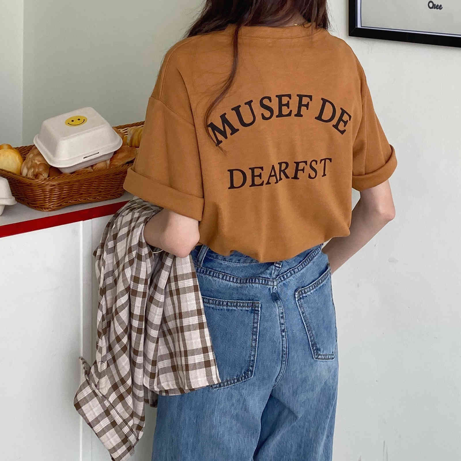 Casual Minimalist Printed Short Sleeves Female Basic Brief Tops Arrival Loose Stylish Women All Match T-shirt 210421