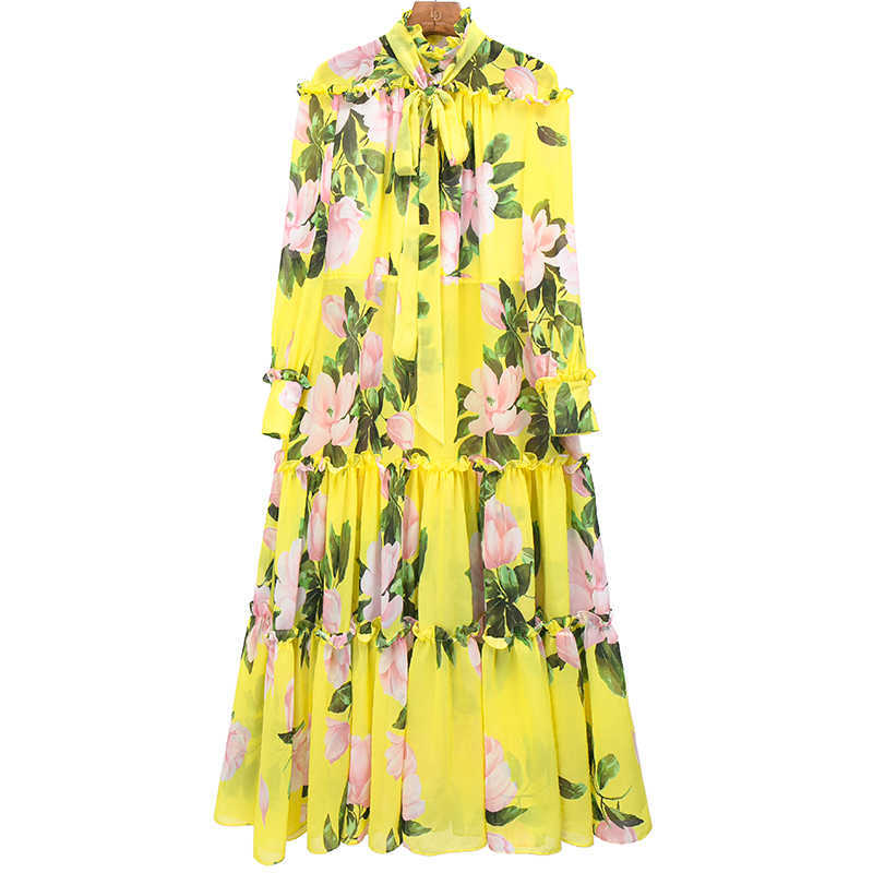 LY VAREY LIN Spring Women Dress Lace Up Stand Collar Print Elegant Chiffon Lady Midi Long 210526