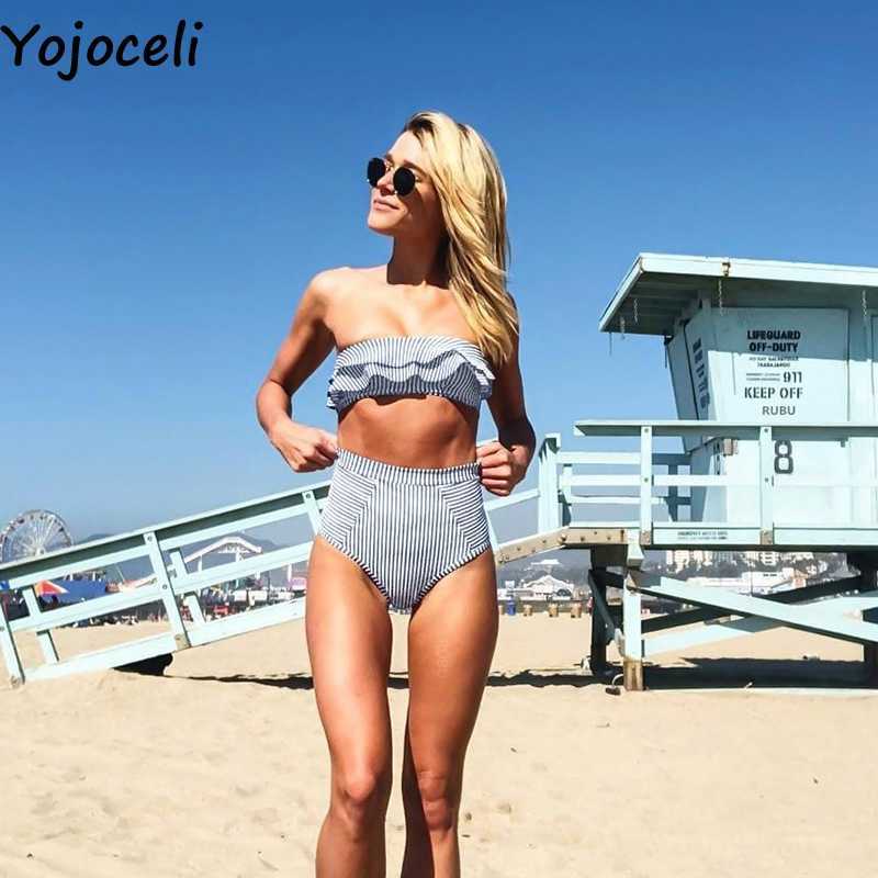 Yojoceli Sexy ruffle off shoulder striped swimsuit girls Elegant summer beach bikini Casual cool tankini women 210609